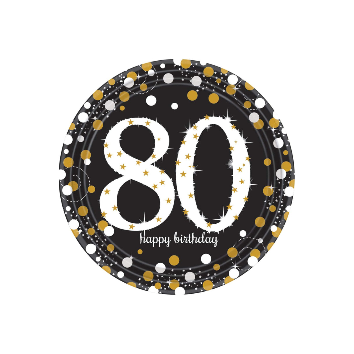 Happy 80th Birthday Plate Gold Sparkling 9in 22.9cm 8pk