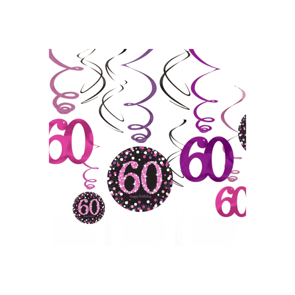 60th Birthday 12 Hanging Swirl Decorations Pink Sparkling