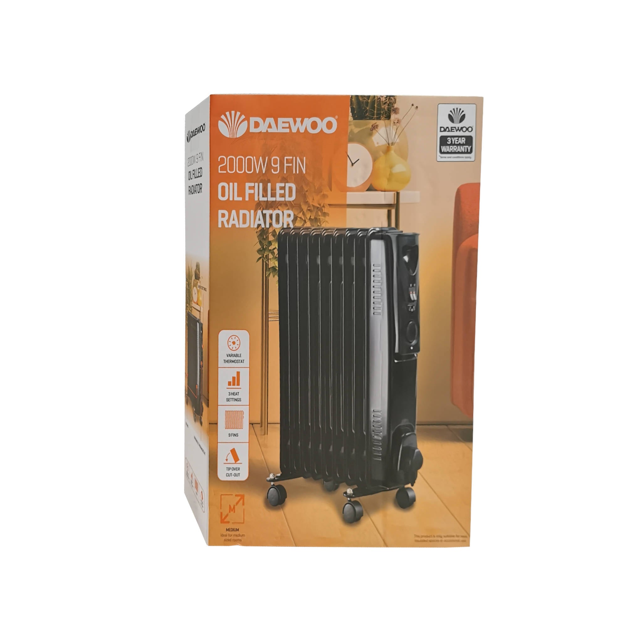 Daewoo 2000W 9 Fin Oil Filled Radiator | 3 Heat Settings | Black