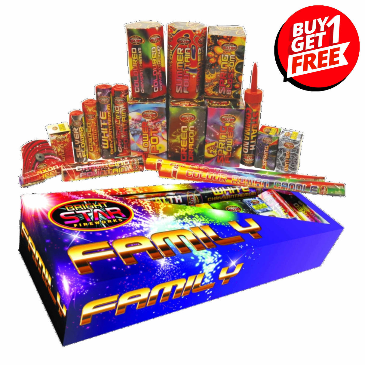 Family Selection Box 18 Piece Fireworks set with rockets, fountains, and sparklers
