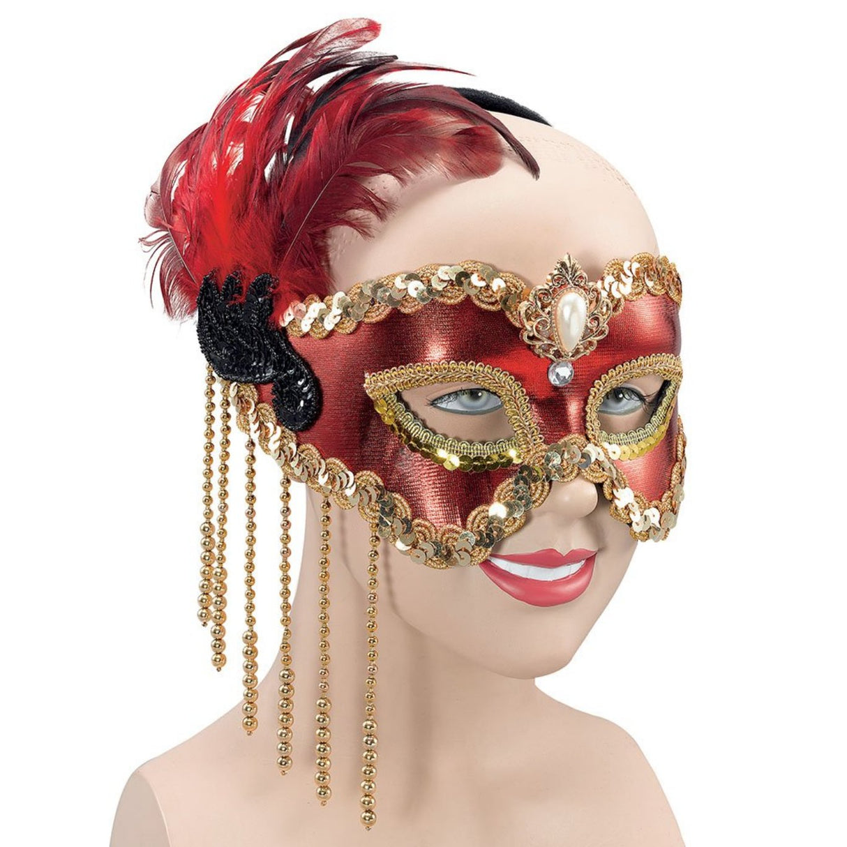 Satin Mask with Feathers Red