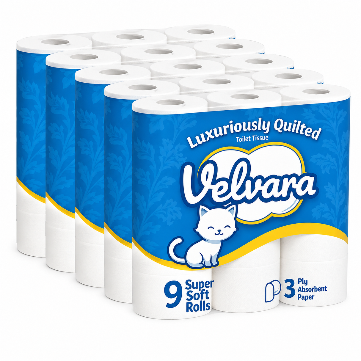 Velvara Luxury 3-Ply Toilet Paper – 45 Roll Bulk Pack (5 x 9) Soft, Strong & Highly Absorbent
