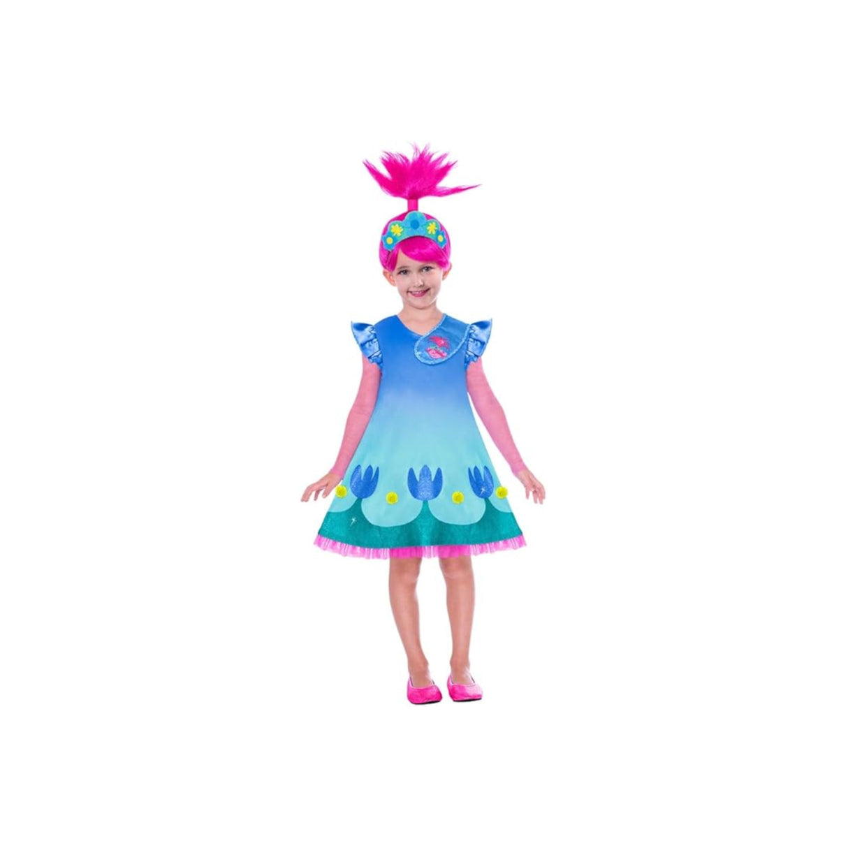 Girls Poppy Trolls World Tour Movie 2 Fancy Dress Costume & Wig Outfit