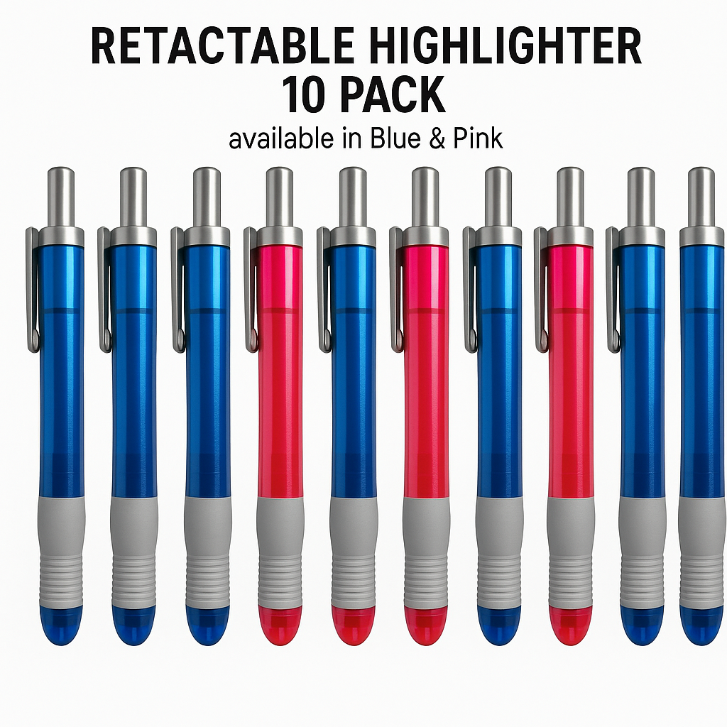 Retractable Highlighter Pens – 10 Pack (Available in Blue or Pink)