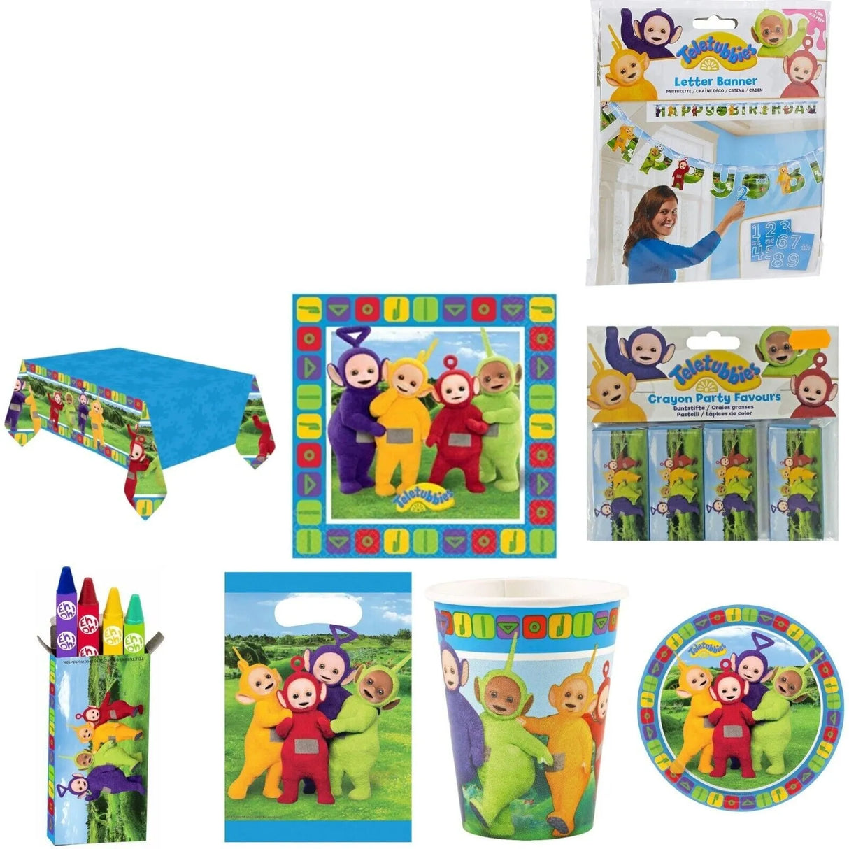 Teletubbies party bundle with plates, cups, napkins, loot bags, banner, table cover and foil balloon