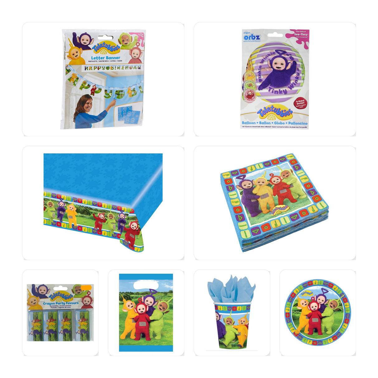 Teletubbies party bundle with plates, cups, napkins, loot bags, banner, table cover and foil balloon