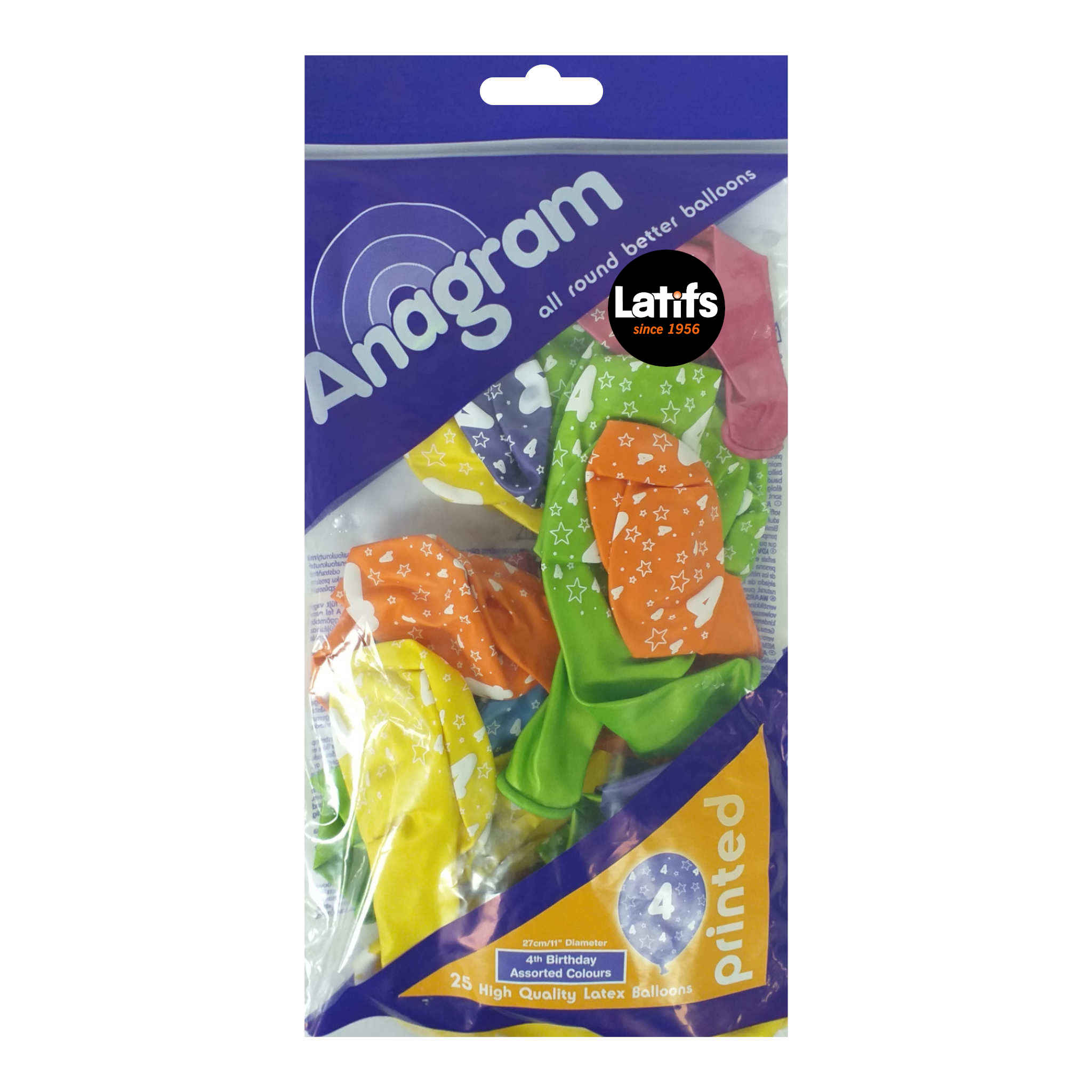 Anagram Latex Balloons 4th Birthday | Assorted Colours | 11 inch | 25 Pack