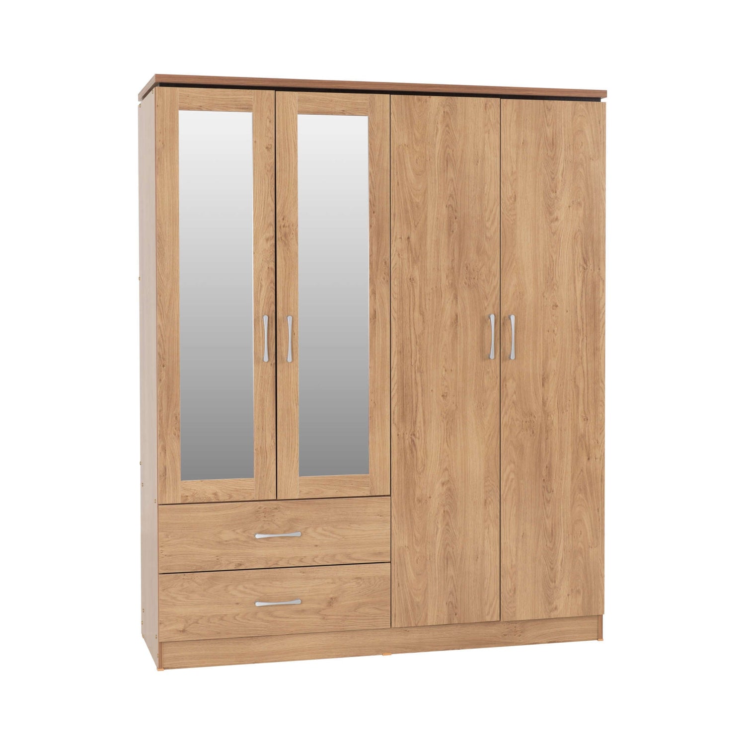 Charles 4 Door 2 Drawer Mirrored Wardrobe (Oak Effect Veneer with Walnut Trim)