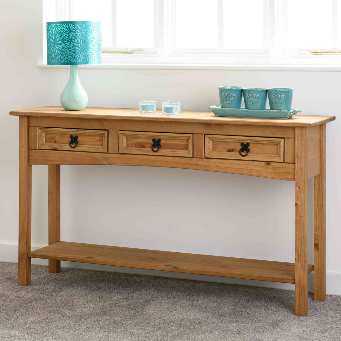 Corona 3 Drawer Console Table With Shelf (Distressed Waxed Pine)