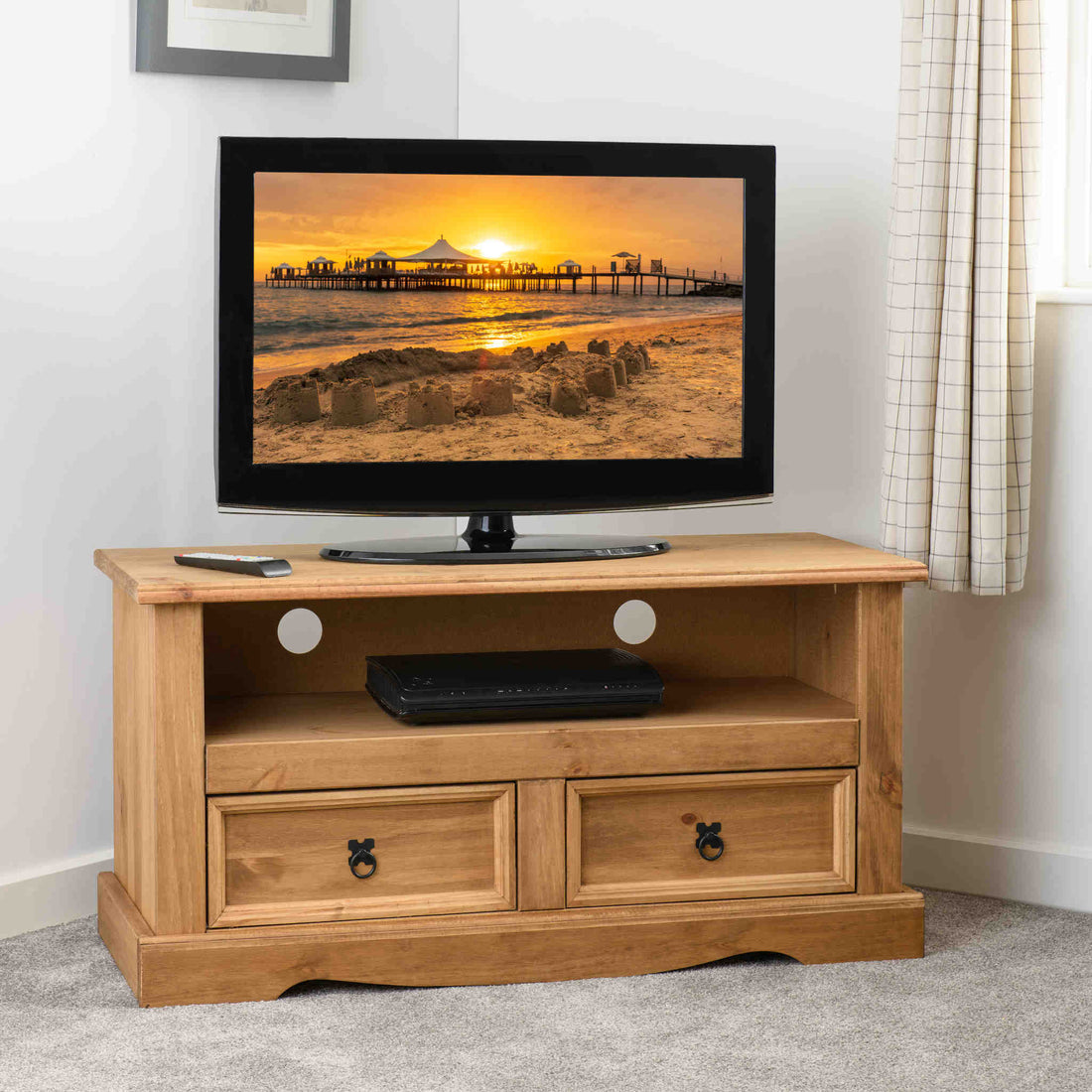 Corona 2 Drawer Flat Screen TV Unit (Distressed Waxed Pine)