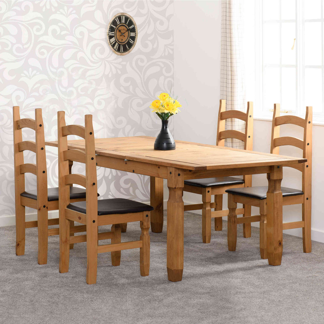 Corona Extending Dining Set (Distressed Waxed Pine/Brown Faux Leather) | Set of 4