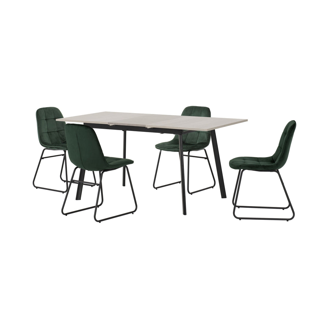 Avery Extending Dining Set with Lukas Chairs (Concrete/Grey Oak Effect/Black/Emerald Green Velvet)