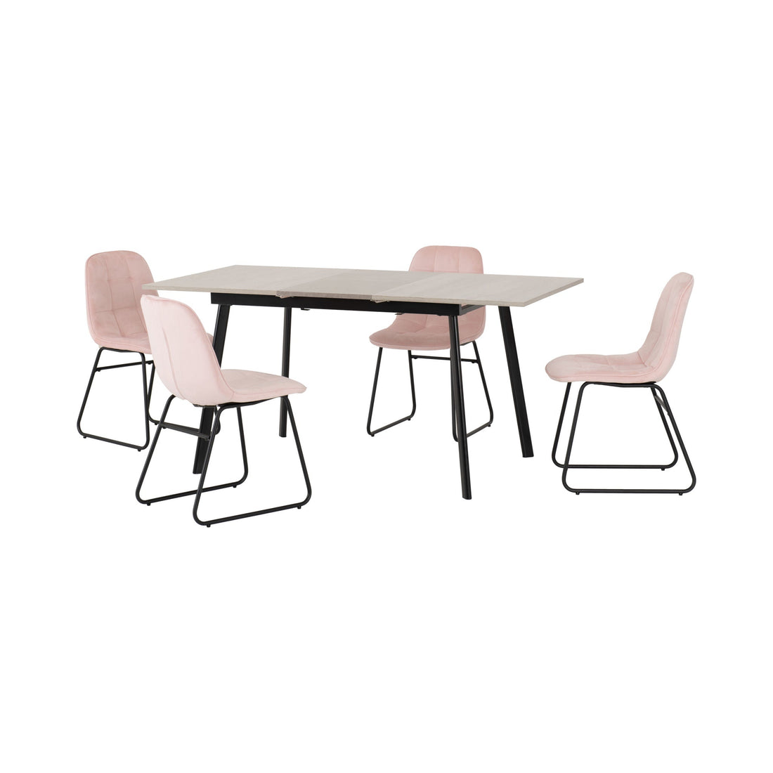 Avery Extending Dining Set with Lukas Chairs (Concrete/Grey Oak Effect/Black/Baby Pink Velvet)