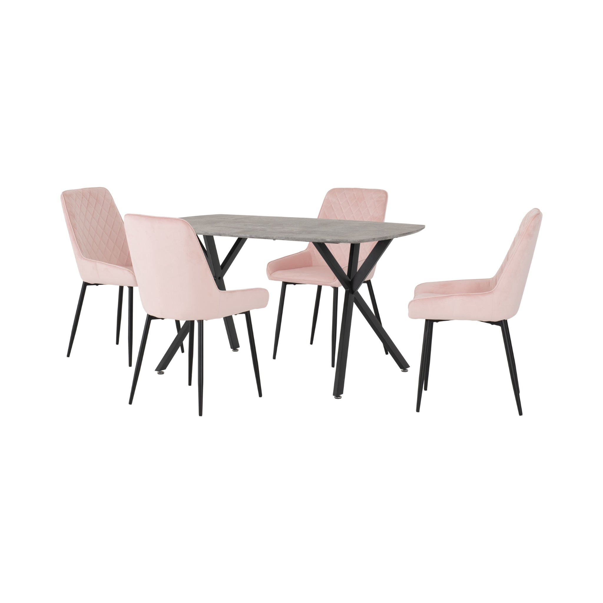 Athens Rectangular Dining Set with Avery Chairs (Concrete Effect/Black/Baby Pink Velvet)