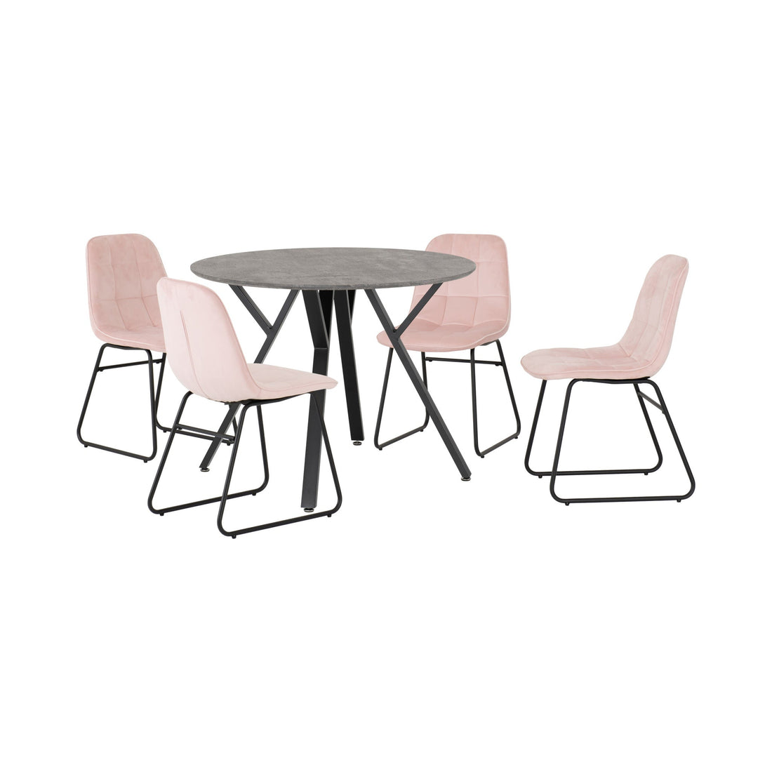 Athens Round Dining Set with Lukas Chairs (Concrete Effect/Black/Baby Pink Velvet)