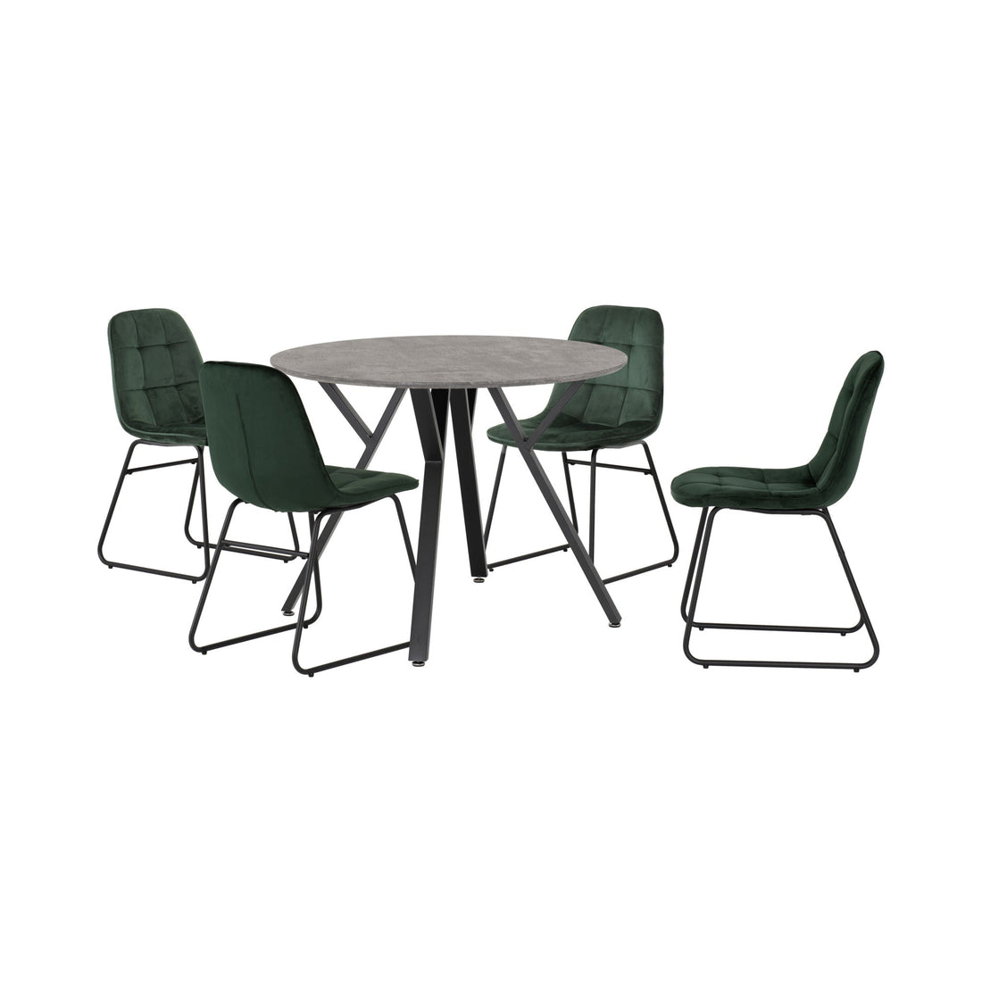 Athens Round Dining Set with Lukas Chairs (Concrete Effect/Black/Emerald Green Velvet)