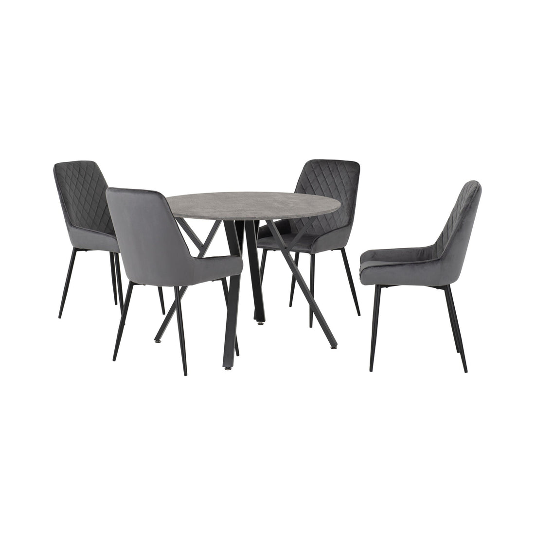 Athens Round Dining Set with Avery Chairs (Concrete Effect/Black/Grey Velvet)