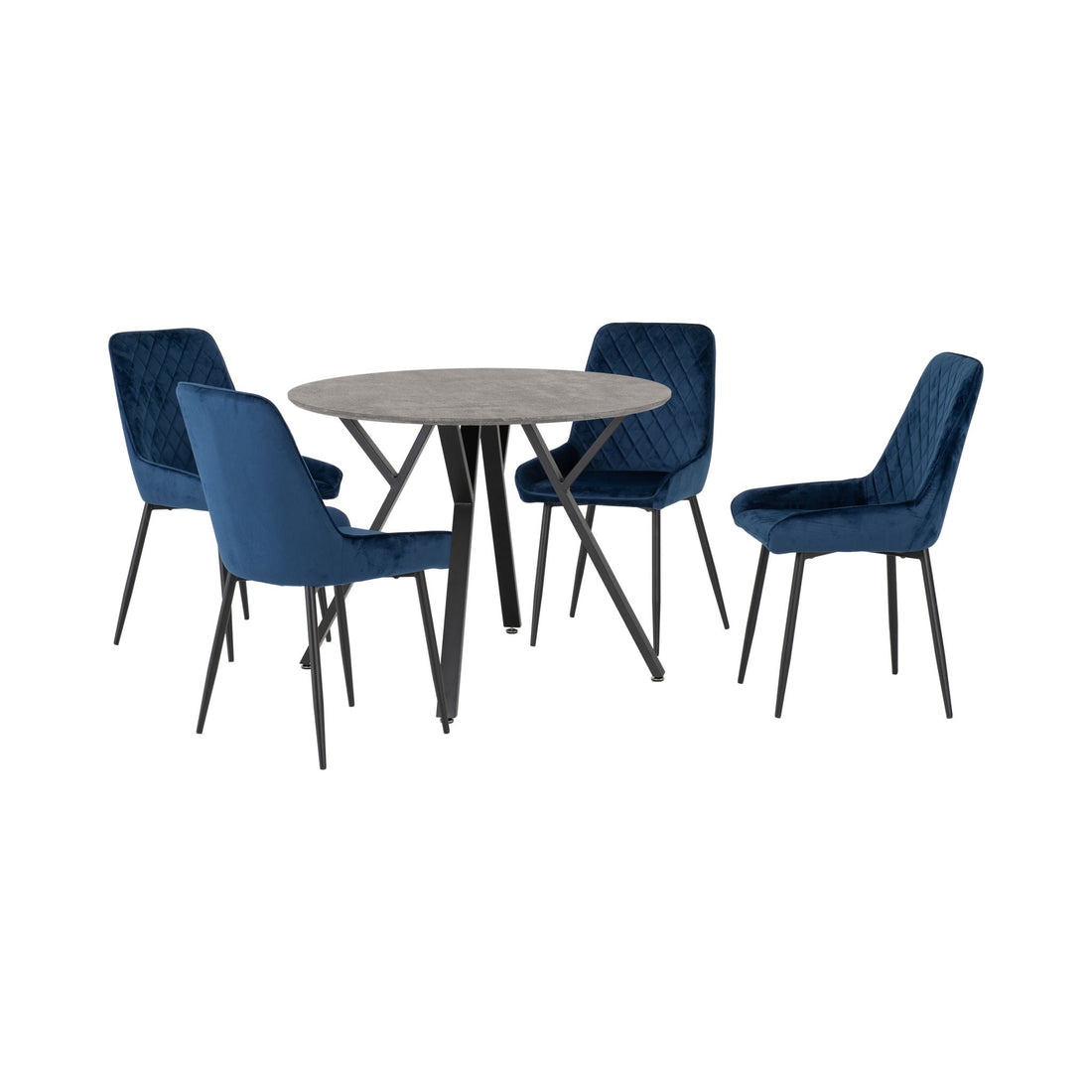 Athens Round Dining Set with Avery Chairs (Concrete Effect/Black/Sapphire Blue Velvet)