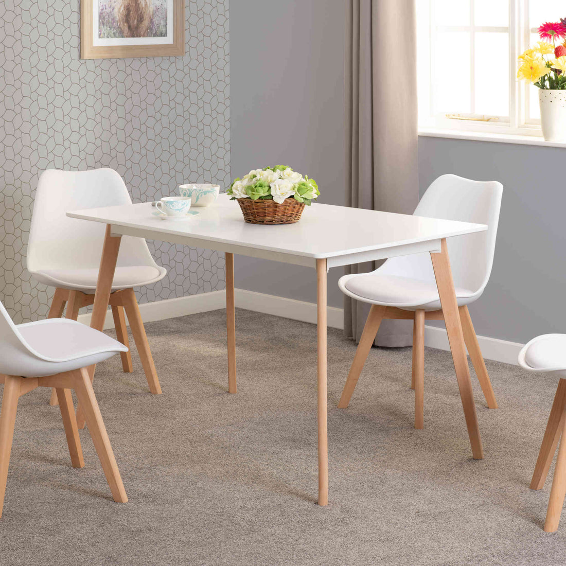 Bendal Dining Set (White/Beech/White Faux Leather)