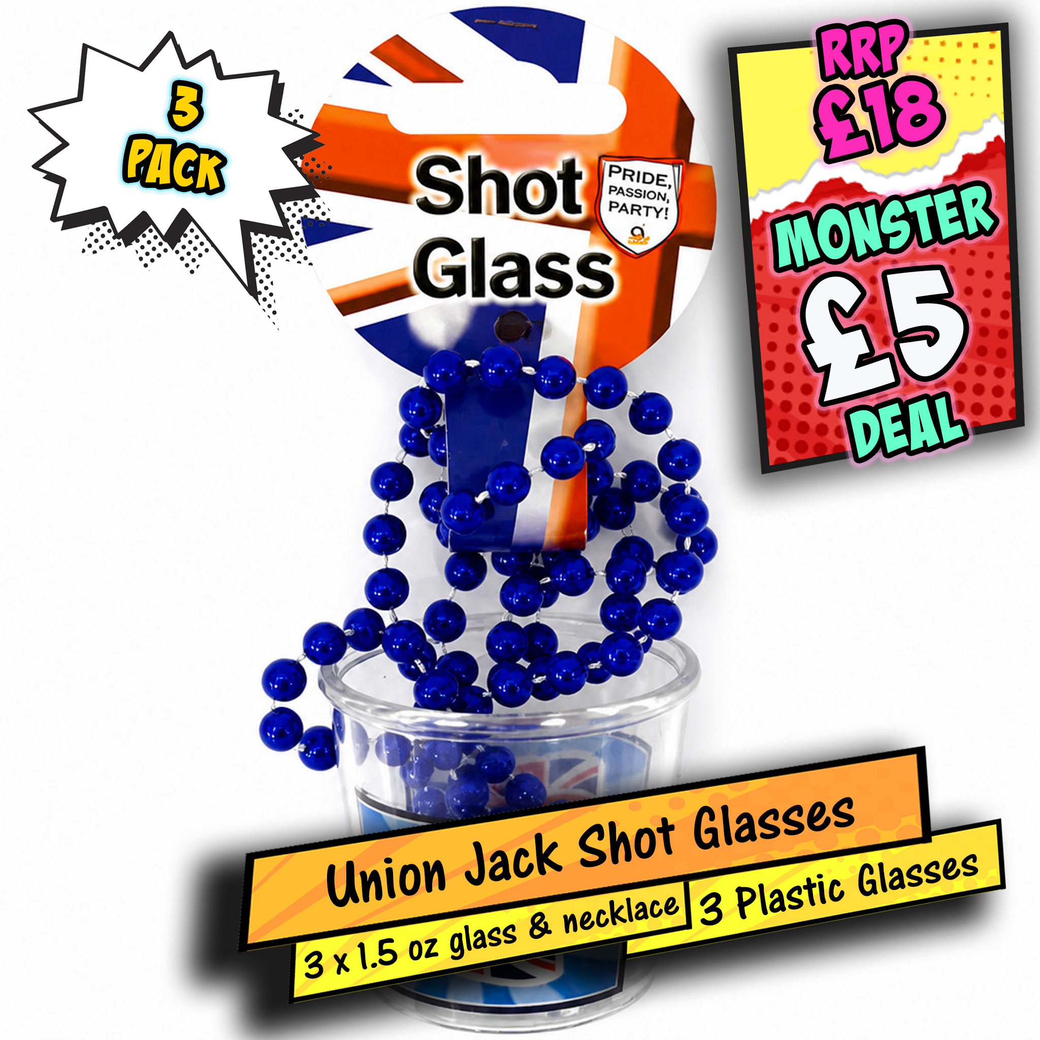 Union Jack Plastic Shot Glass 1.5oz with Necklace 3 Pack