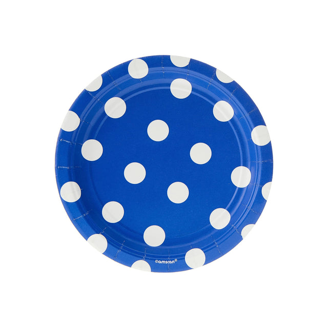 Round Paper Plates Dots Bright Royal Blue 8 Pack