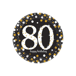 Happy 80th Birthday Plate Gold Sparkling 9in 22.9cm 8pk