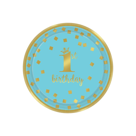 Gold 1st Birthday Boy Round Paper Plates 8 Pack