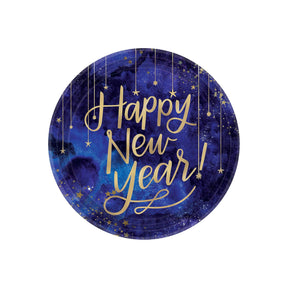 Happy New Year Midnight NYE Metallic Paper Plates 8 Pack