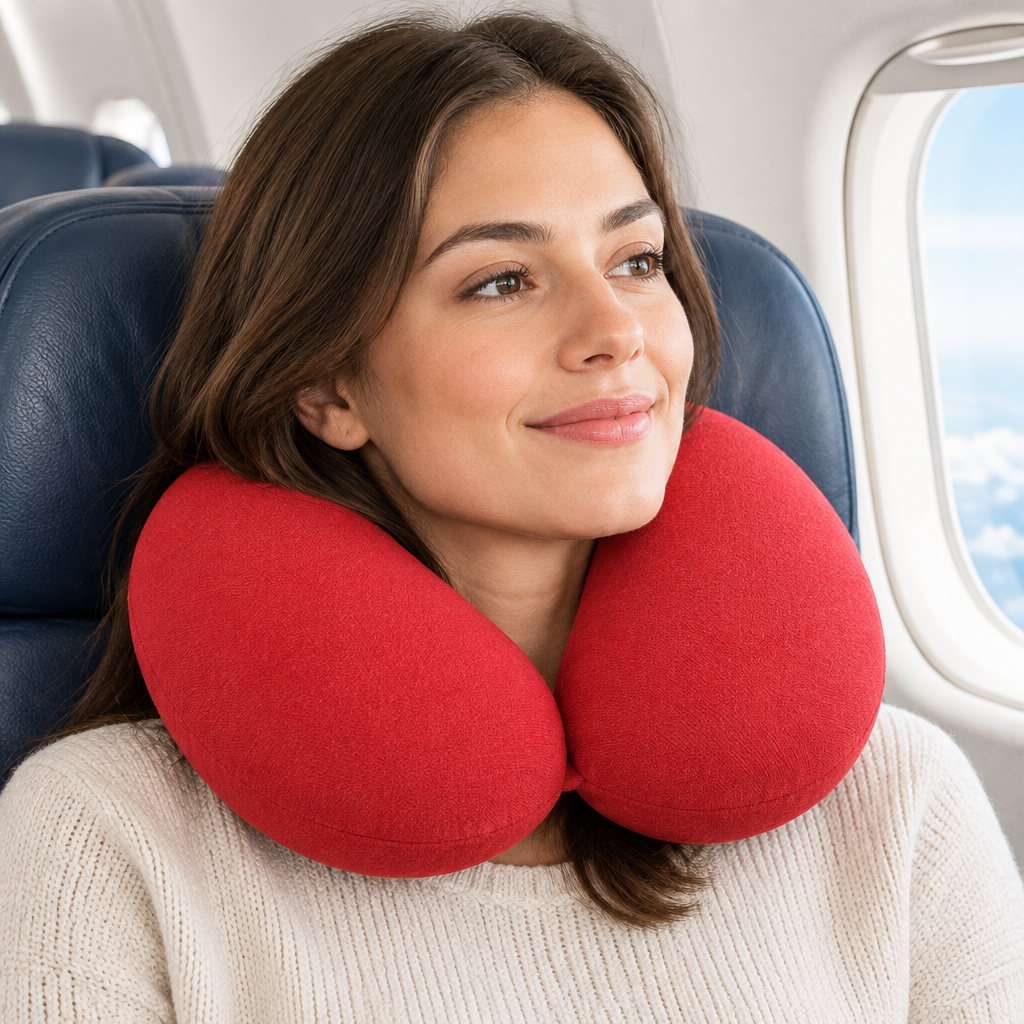 Red U-Shaped Travel Neck Pillow for Flights, Trains and Car Journeys