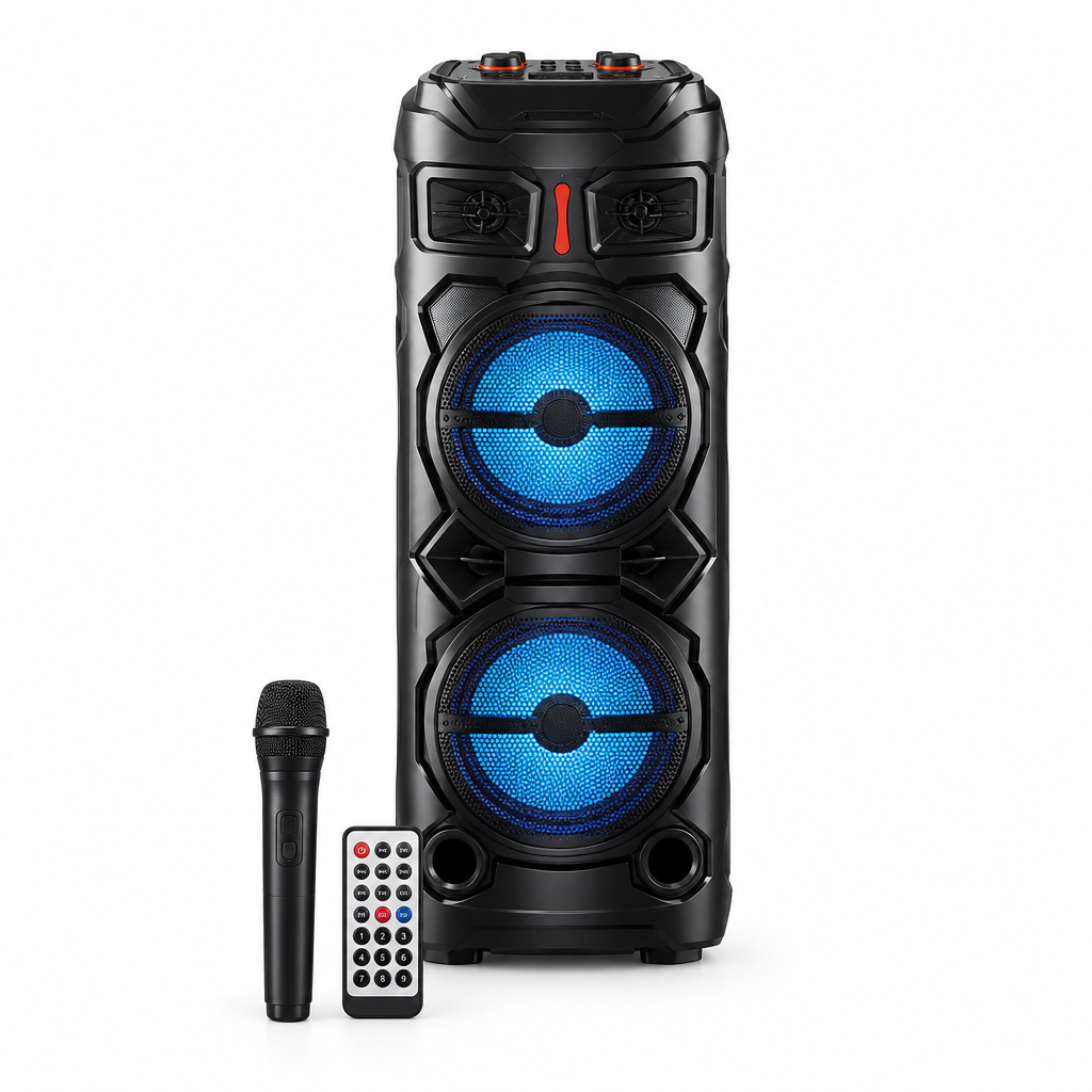 Portable Bluetooth Party Speaker with Dual 8-Inch Woofers & Wireless Mic