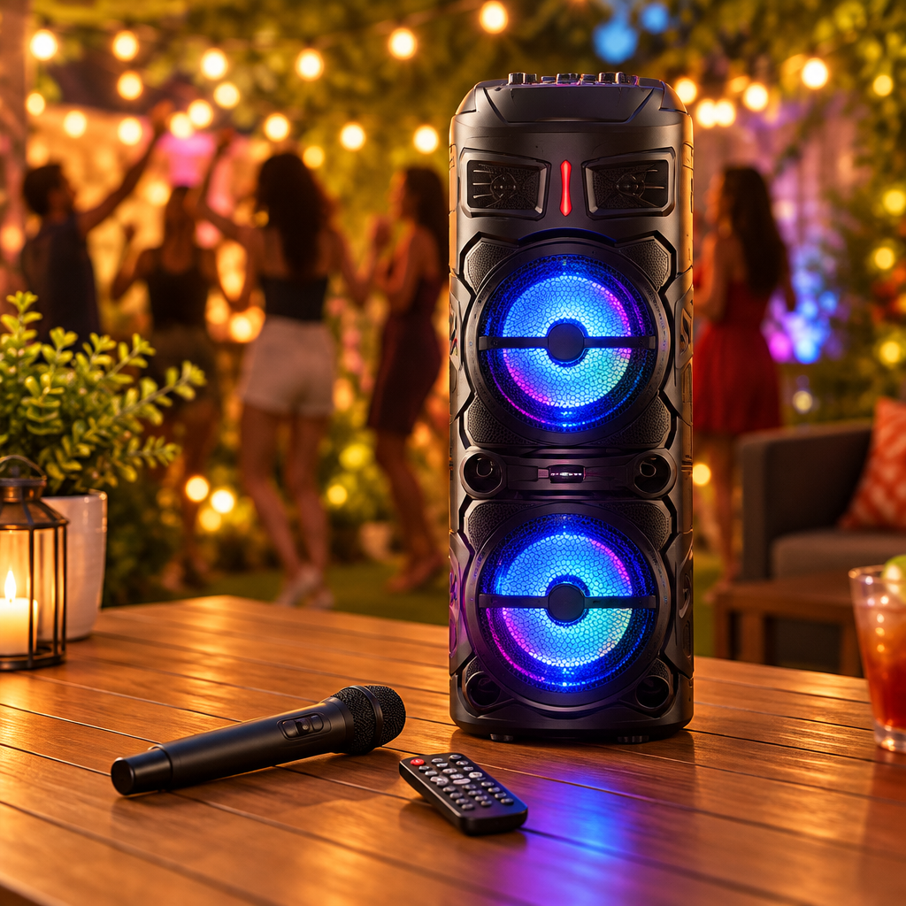 Portable Bluetooth Party Speaker with Dual 8-Inch Woofers & Wireless Mic