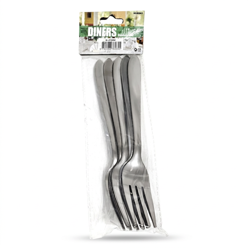 Four stainless steel dinner forks in a clear plastic clamshell package with a printed header card labeled 'DINERS'.