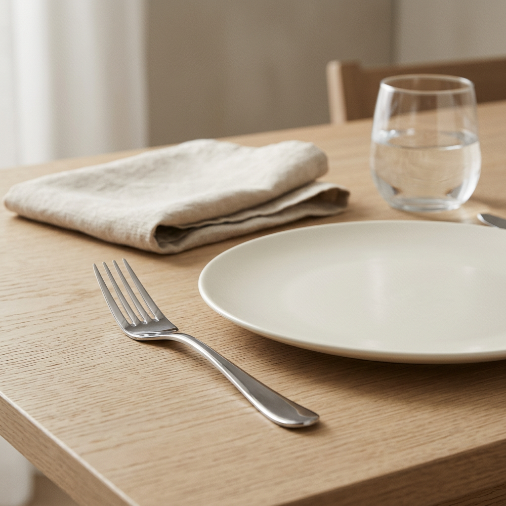 A minimalist dining table setting featuring a matte white ceramic plate, a silver metal fork, a folded beige linen napkin, and a clear glass of water on a light oak wood table.