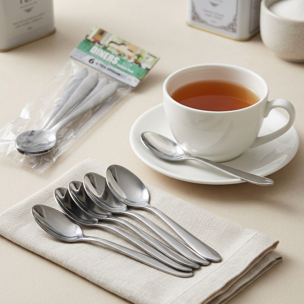 A set of stainless steel spoons arranged on a folded beige cloth, with a white cup of tea on a saucer and one spoon beside it, plus a packaged set of spoons in the background on a light beige surface.