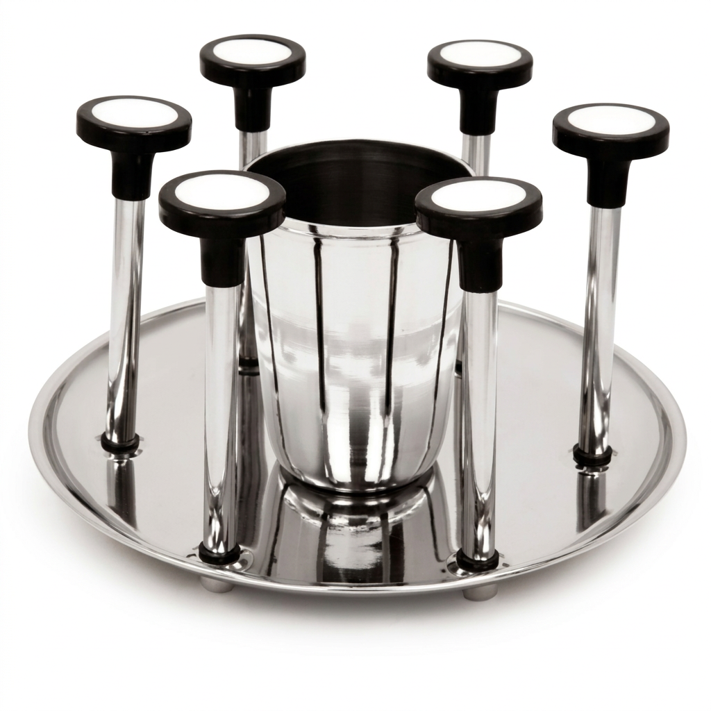 A polished stainless steel cocktail napkin holder set on a white background, featuring a central cup, six upright stems with circular black and white handles, and a round base tray.