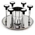 A polished stainless steel cocktail napkin holder set on a white background, featuring a central cup, six upright stems with circular black and white handles, and a round base tray.