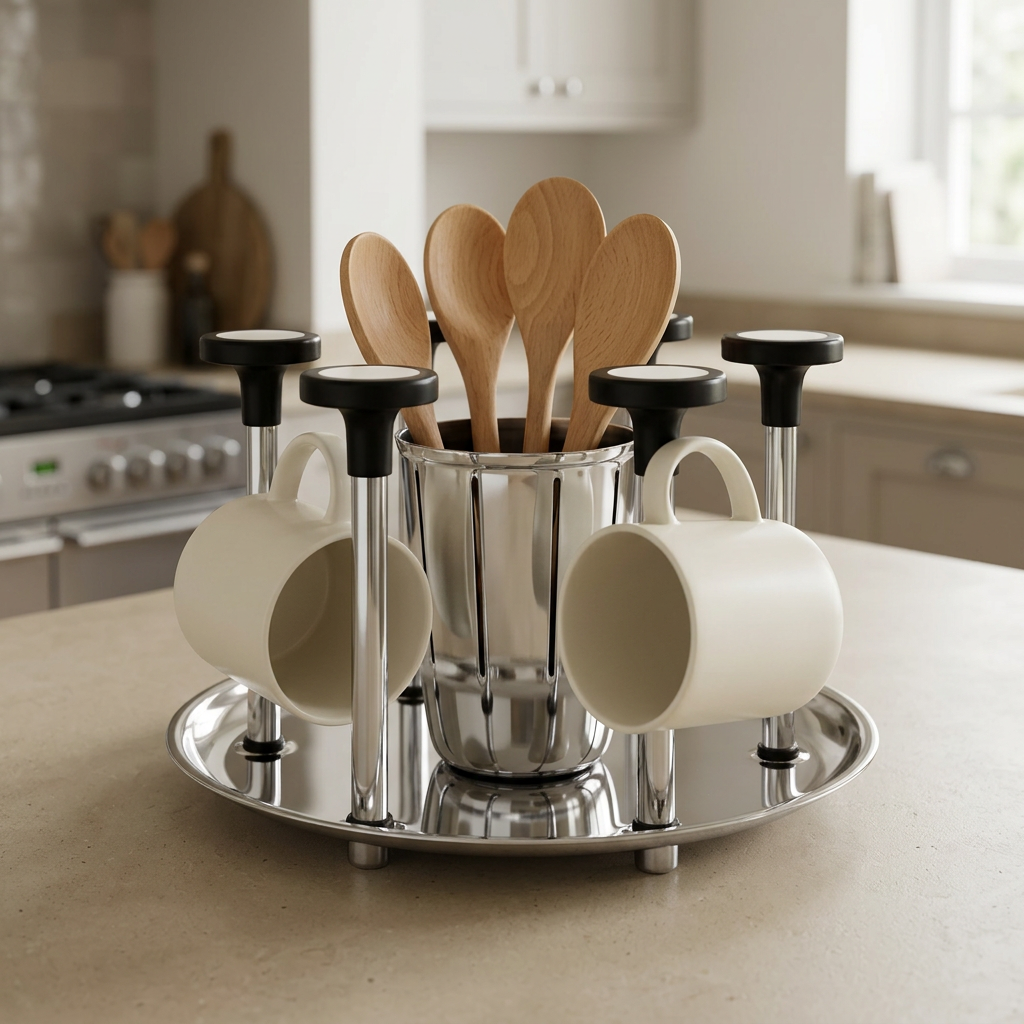 A round stainless steel spice box with a glass lid, shown open on a kitchen counter with various spices in small compartments, a spoon, and star anise in the foreground.
