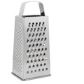A stainless steel box grater with a top handle, shown on a plain white background.
