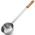 A stainless steel ladle with a long metal handle and a light brown wooden handle, shown on a plain white background.