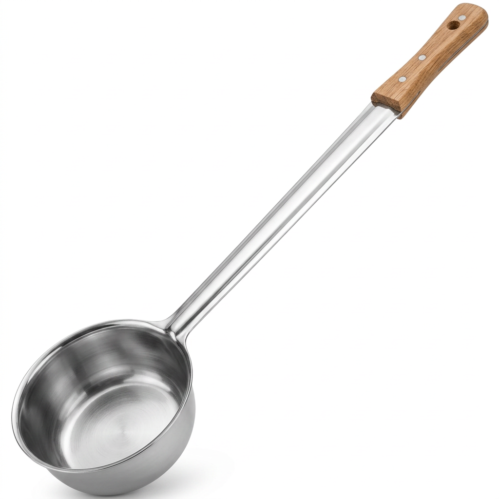 A stainless steel ladle with a long metal handle and a light brown wooden handle, shown on a plain white background.
