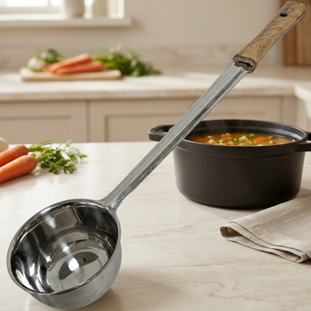 A stainless steel kitchen ladle with a wooden handle rests on a light marble countertop next to a black pot of soup, with carrots and parsley in the background.