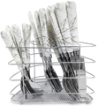 A 12-piece kitchen utensil set with white marble-patterned handles and silver stainless steel blades, displayed in a chrome wire stand on a white background.