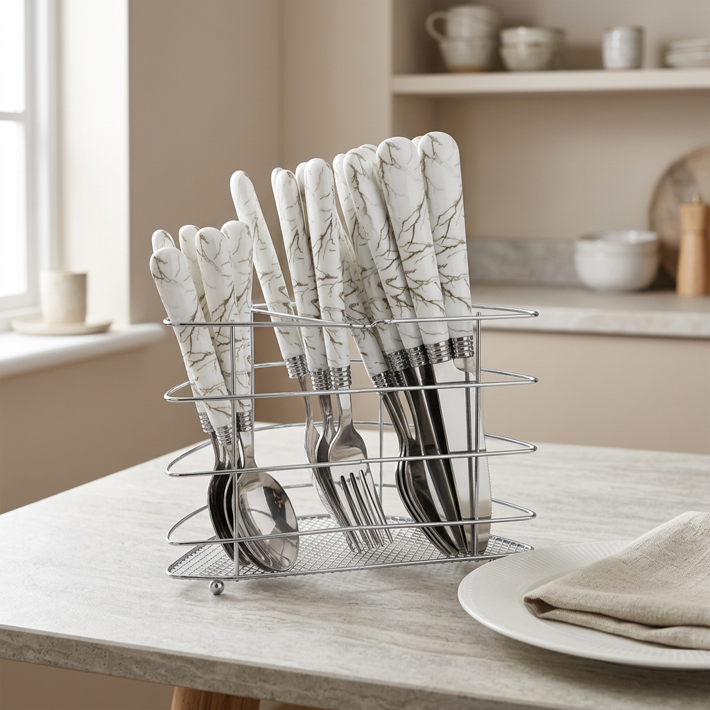 A wire cutlery organizer on a light stone table in a softly lit kitchen setting. The organizer holds silver utensils wrapped in white napkins with a gray branch-like pattern.