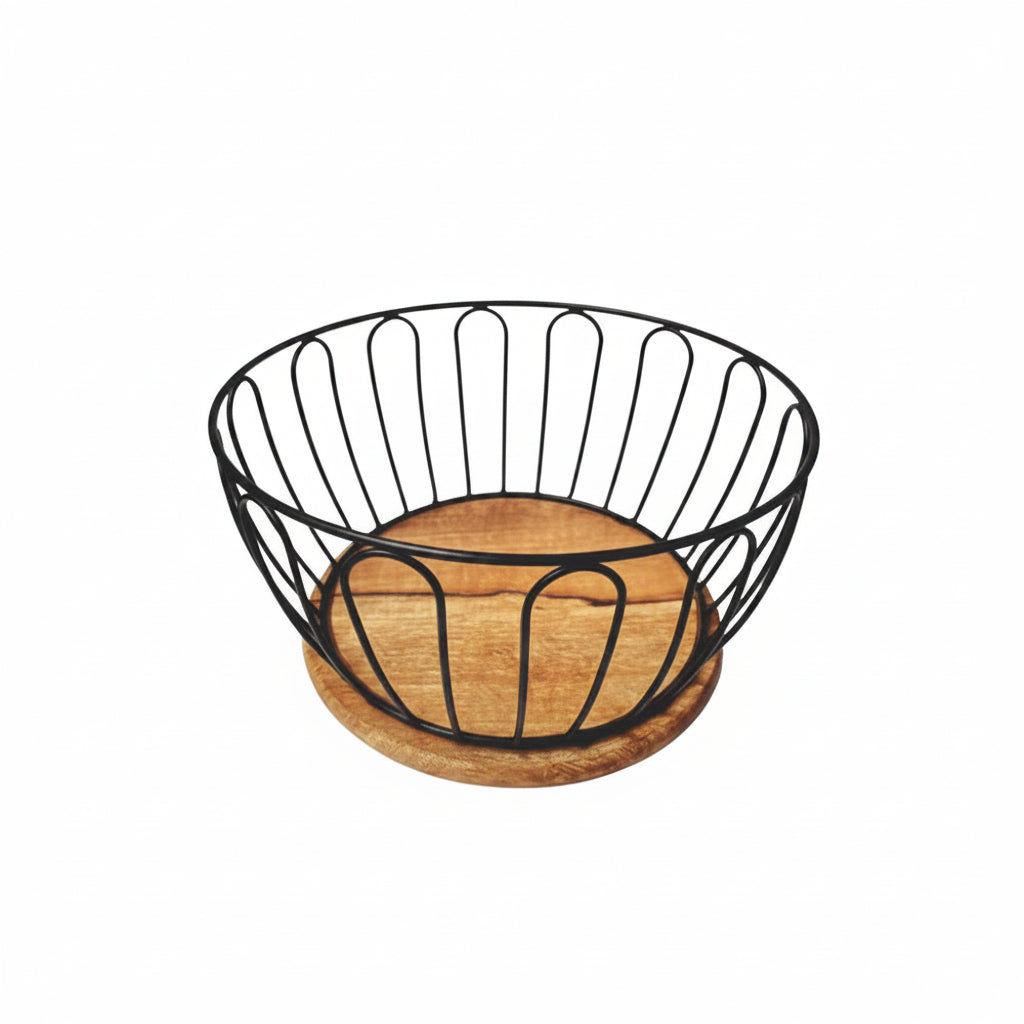 Mastercook Iron Fruit Basket With Wooden Base Round Black/Gold