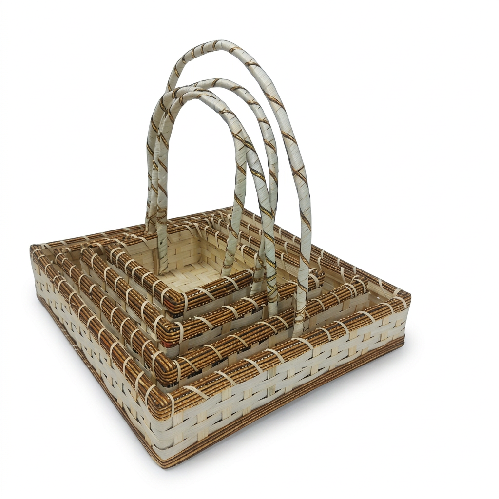 A set of three nested square woven baskets with three arched handles, made from natural brown and cream-colored woven material, shown on a white background.