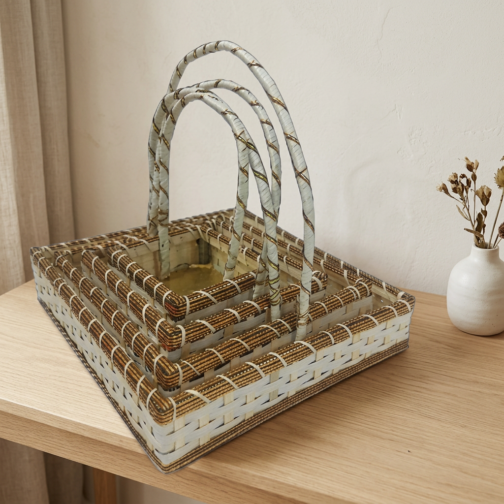 A woven decorative basket with three arched handles sits on a light wood table against a beige wall. A small white vase with dried stems is visible on the right side.