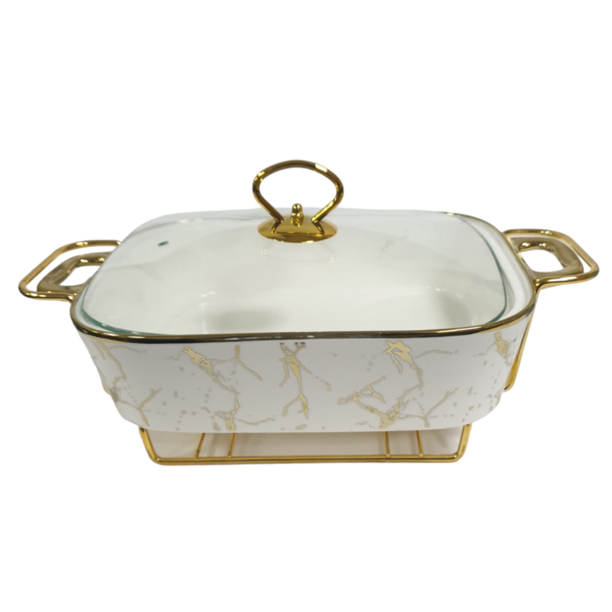 13" Rectangle Porcelain Casserole With Warmer Stand -White Marble Effect