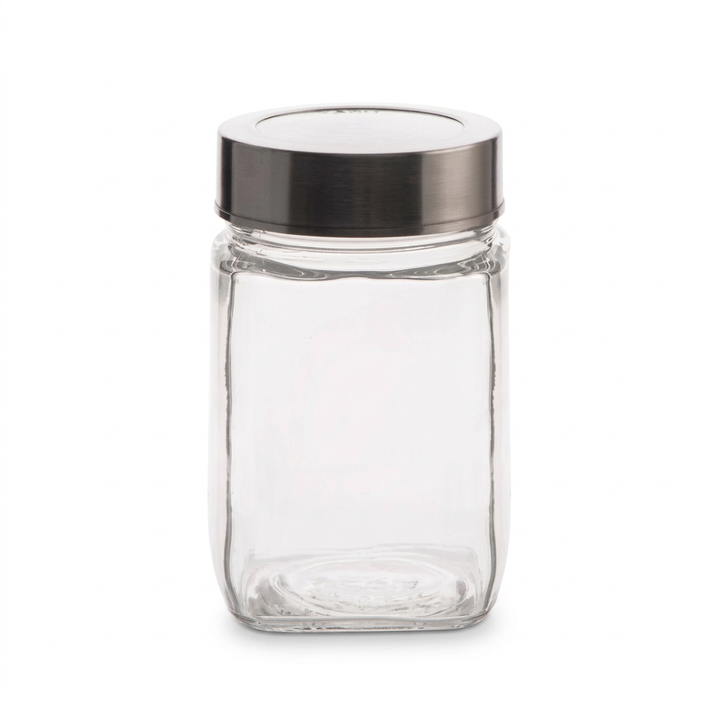 Square Glass Storage Jar with Silver Lid 1L