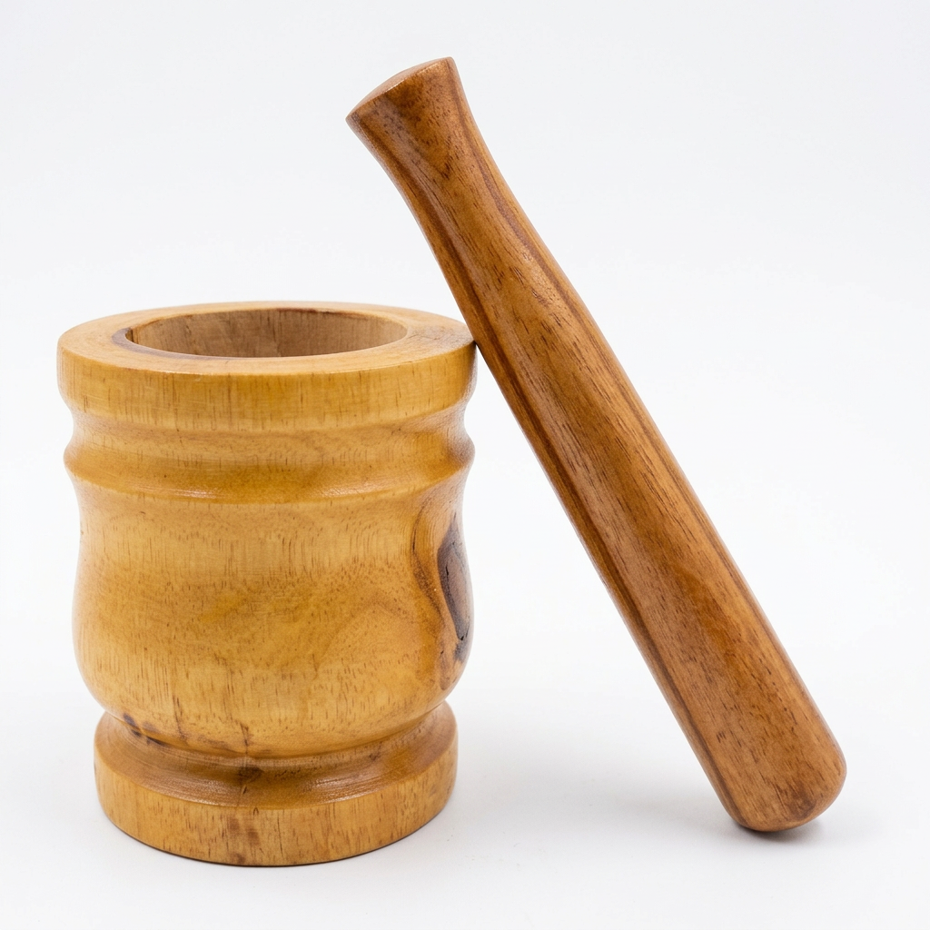 A wooden mortar and pestle set on a clean white background. The mortar is made of light tan wood with a flared rim and a small carved detail on the side, while the pestle is a medium brown wood with a visible grain pattern.