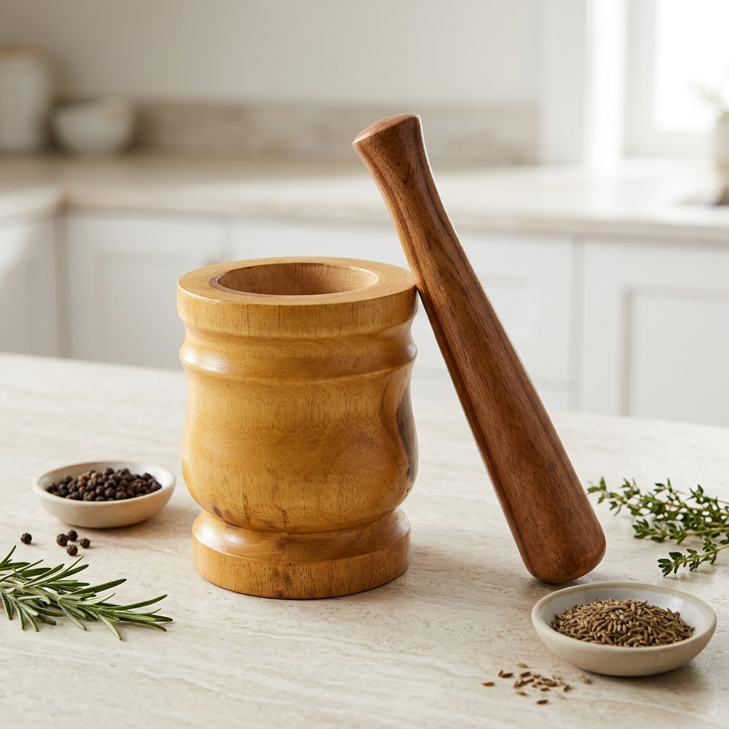 A cream-colored ceramic frying pan with a stainless steel mesh strainer resting on top, set on a light stone kitchen countertop next to a stainless steel saucepan and a folded beige cloth.